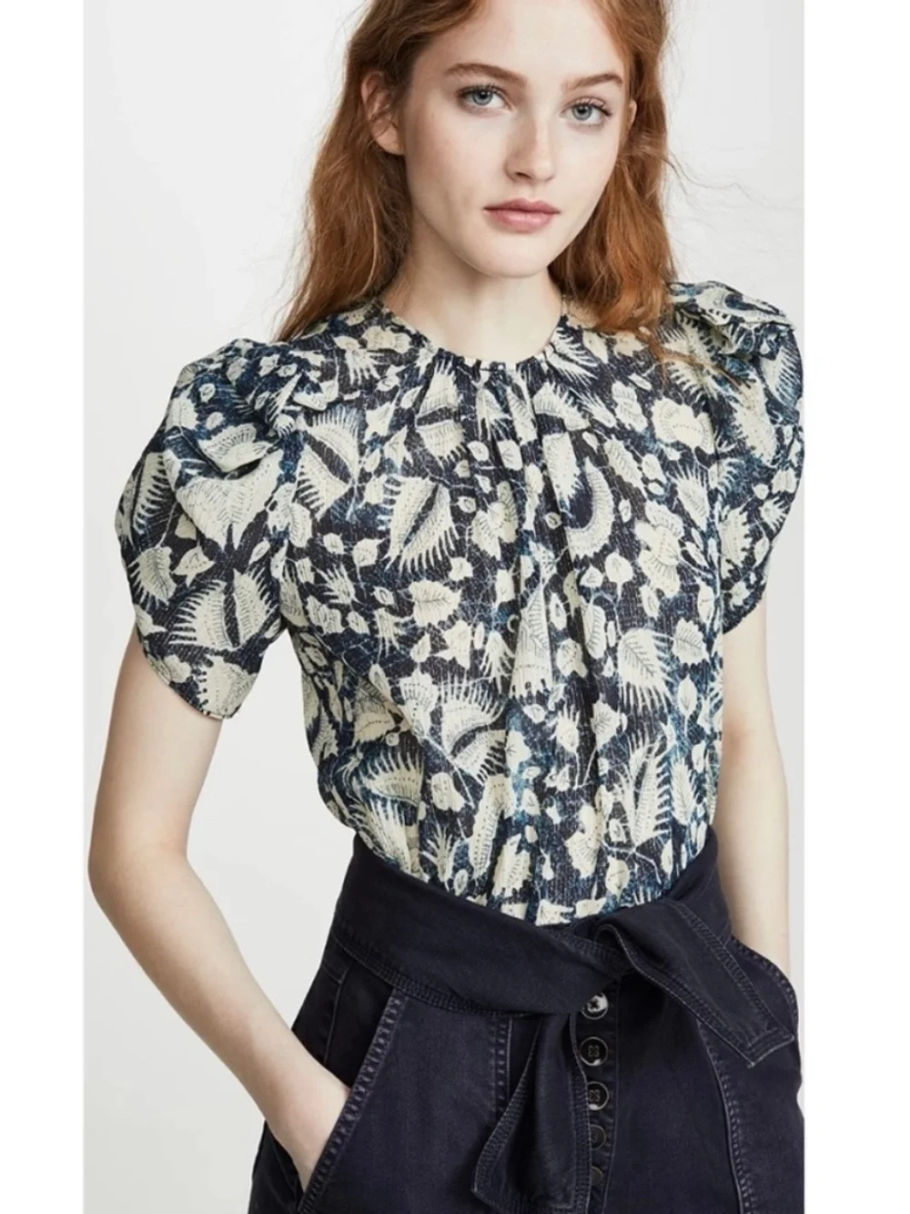 Ulla Johnson‎ Nova Top Indigo Batik Floral Metallic Puff Sleeve Blouse Size 0